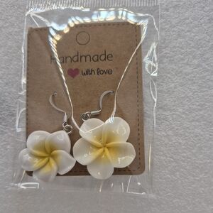 Handmade White & Yellow Plumeria Flower Dangle Earrings